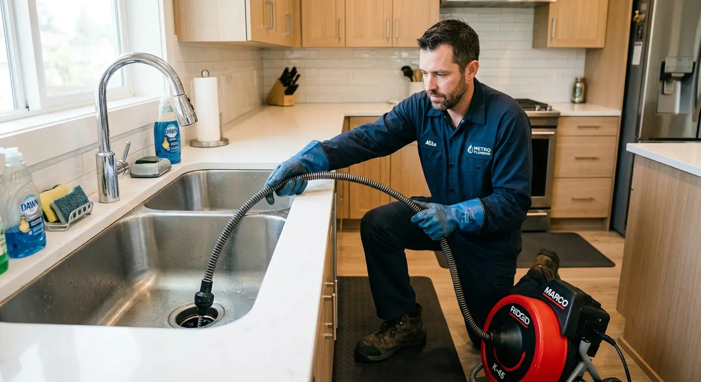 Drain cleaning technician using a motorized snake on a kitchen sink in Dayton