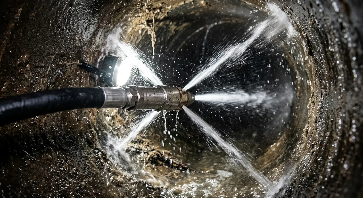 High-pressure hydro jetting nozzle cleaning sewer pipe for Sewer Cleanout in Dayton
