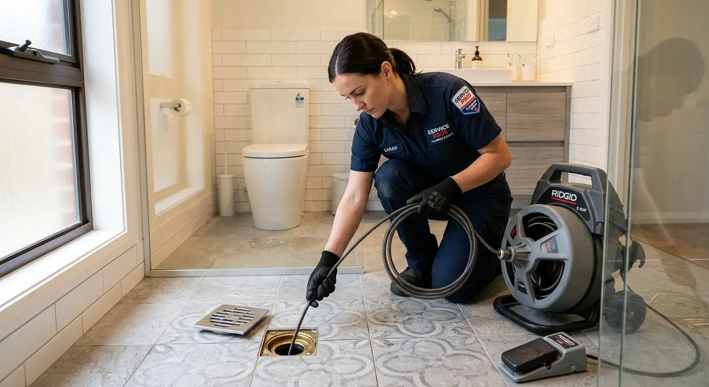 Technician clearing a bathroom floor drain for Drain Cleaning in Dayton